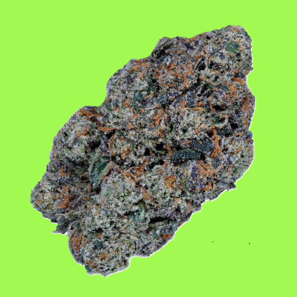 Dense cannabis flower with vibrant shades of purple and green, covered in frosty trichomes and bright orange hairs; visually striking with a candy-like appearance.